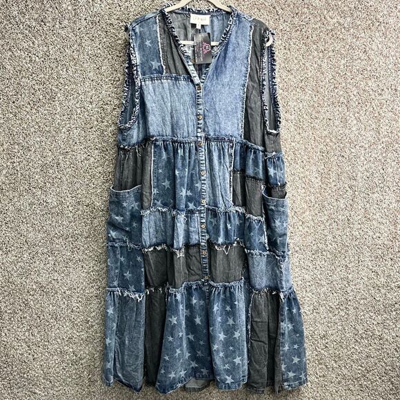 Oli & Hali Dresses & Skirts - Oli & Hali Dress Women’s XL Blue Wash Distressed Denim Patchwork Sleeveless NWT